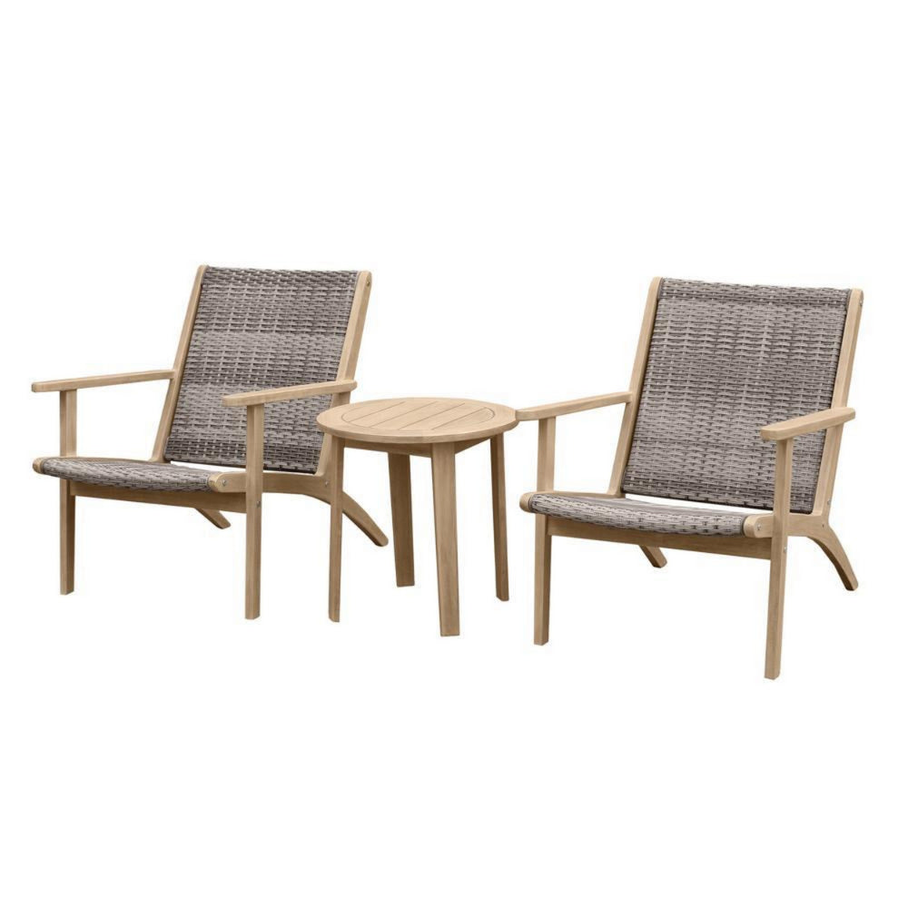 3 Piece Outdoor Set 2 Chairs and End Table Gray Woven Wicker Brown Acacia By Casagear Home BM294960