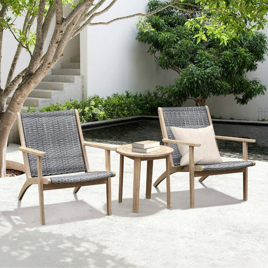 3 Piece Outdoor Set 2 Chairs and End Table, Gray Woven Wicker, Brown Acacia By Casagear Home