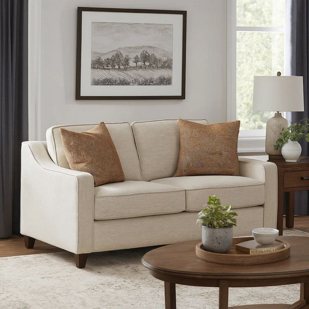 Leo 64 Inch Contemporary Loveseat with 2 Pillows, Chenille Fabric, Beige
