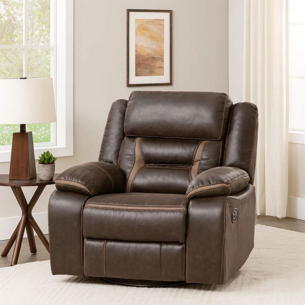 Jake 41 Inch Gliding Manual Recliner, Pillowtop, Dark Brown Faux Leather