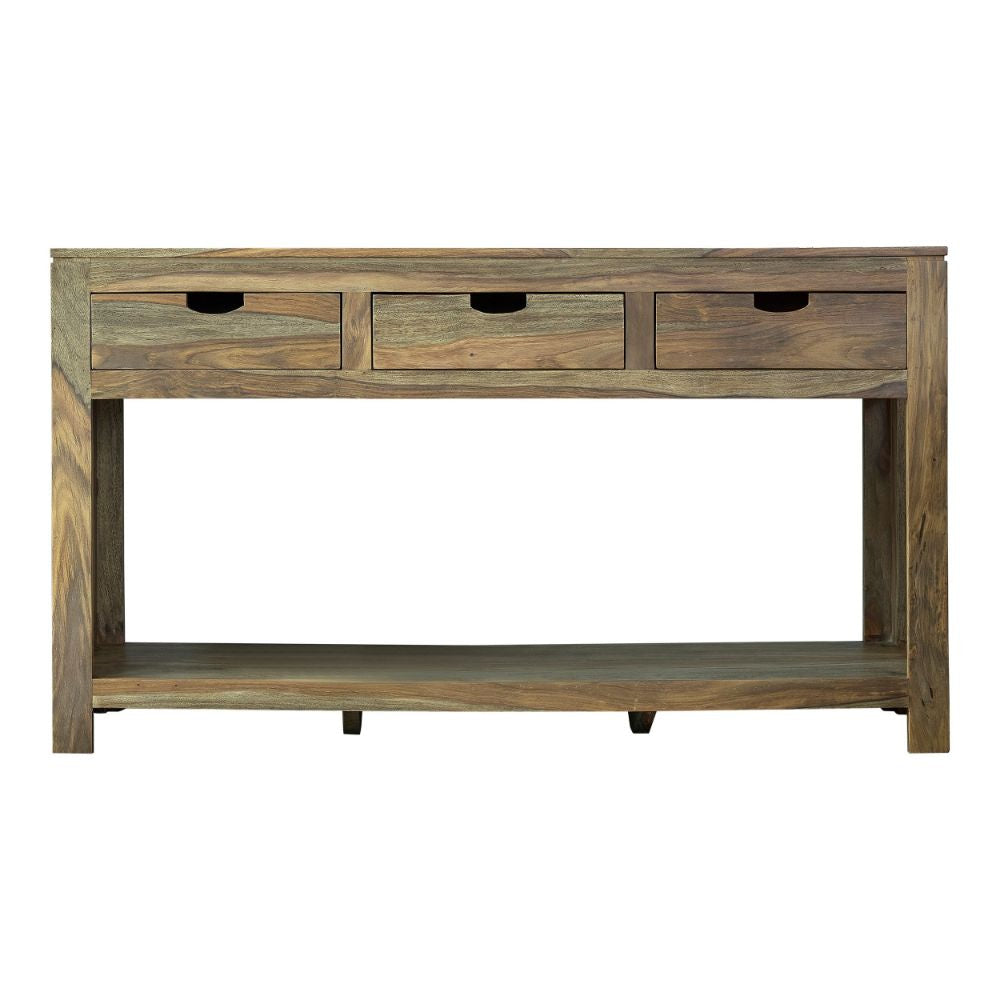 Dale 55 Inch Console Table, 3 Pull Out Drawers and Open Bottom Shelf, Brown