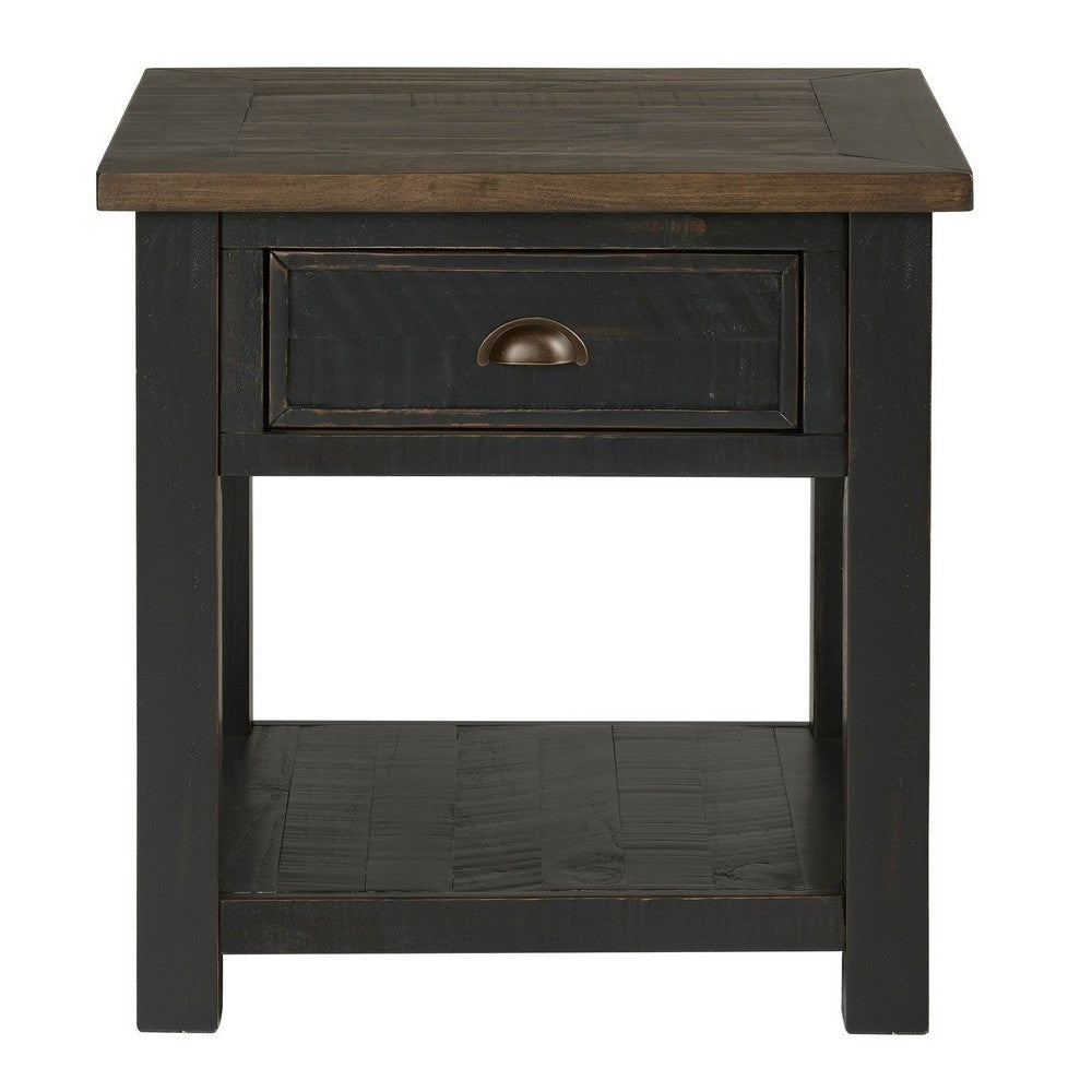 Fiya 24 Inch Coastal End Table, Drawer, Shelf, Miter Cut Top, Brown, Black By Casagear Home