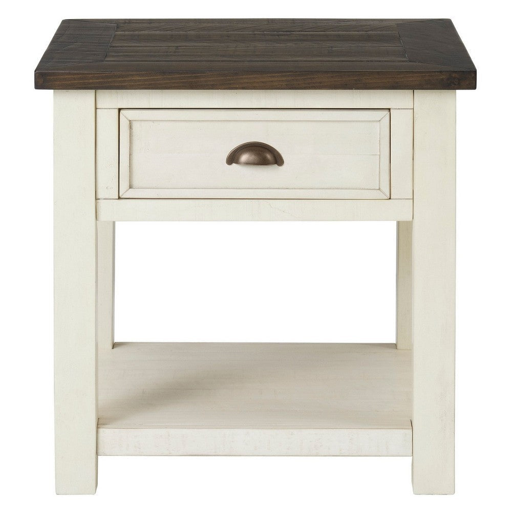 Fiya 24 Inch Coastal End Table, Drawer, Shelf, Miter Cut Top, Brown, White By Casagear Home