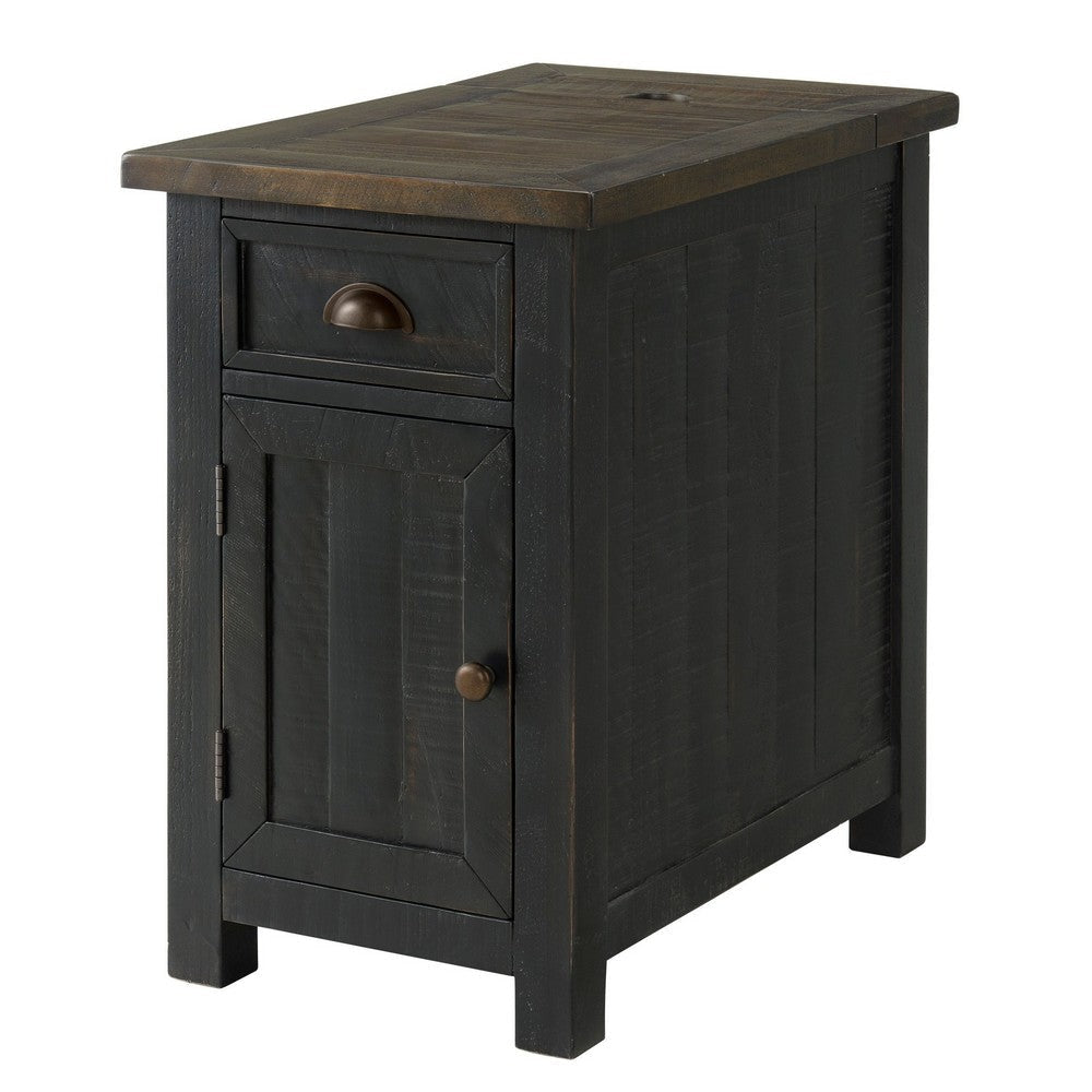 Fiya 25 Inch Chairside End Table Cabinet, Drawer, USB Ports, Black, Brown By Casagear Home