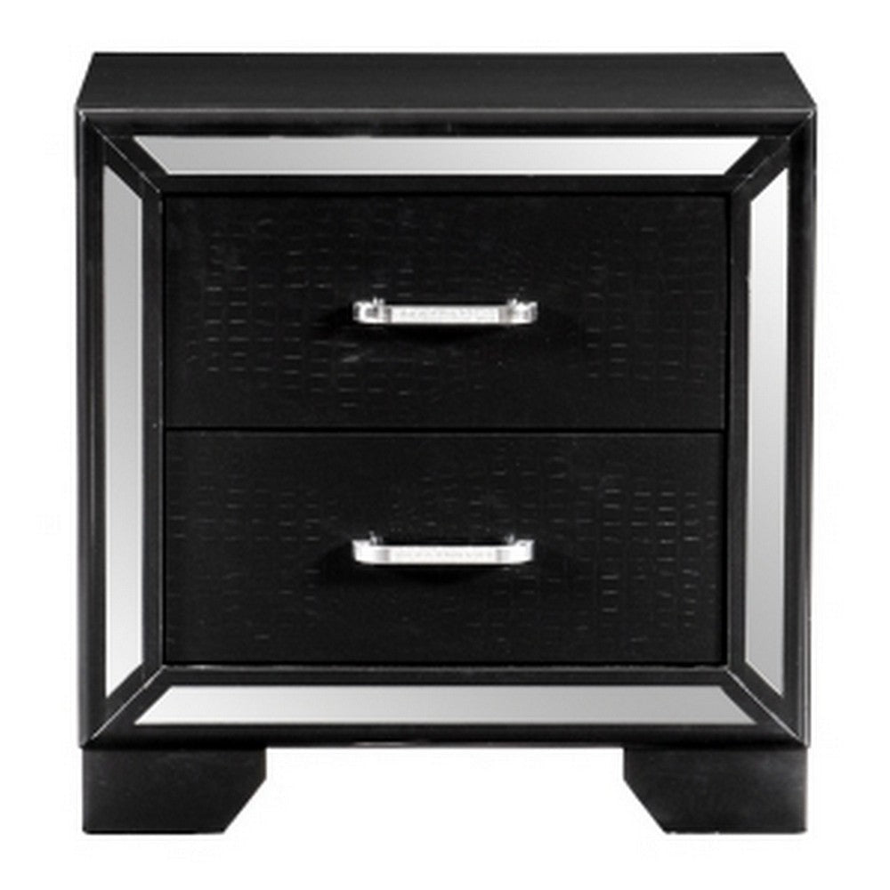 Aisha 24 Inch 2 Drawer Nightstand Embossed Front Mirror Trim Black Wood By Casagear Home BM295553