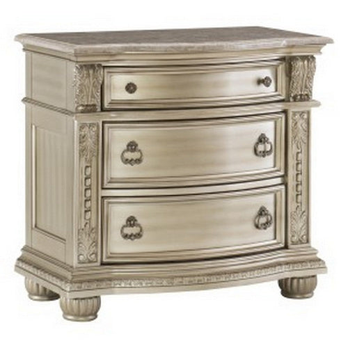 Caitlin Nightstand | 35" | 3 Drawers | Marble Top | Silver