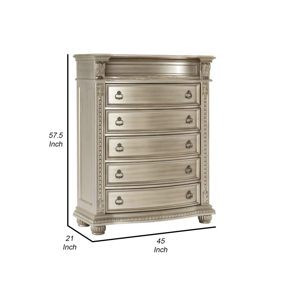 Caitlin 58 Inch Tall Dresser Chest, Marble Top, Leaf Carving, Silver Wood