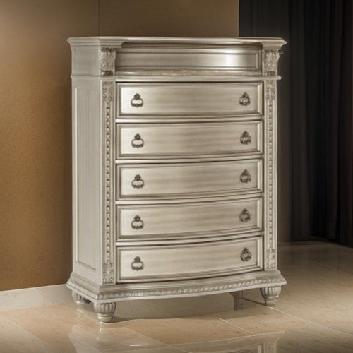 Caitlin Tall Dresser | 58" | Marble Top | Leaf Carvings | Silver