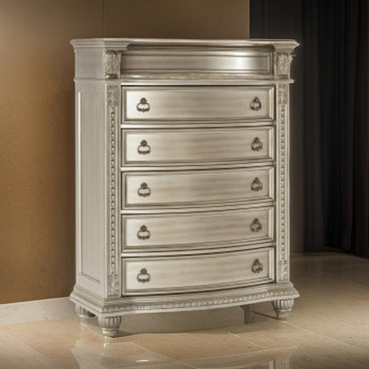 Caitlin Tall Dresser | 58" | Marble Top | Leaf Carvings | Silver