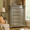 Caitlin 58 Inch Tall Dresser Chest, Marble Top, Leaf Carving, Silver Wood