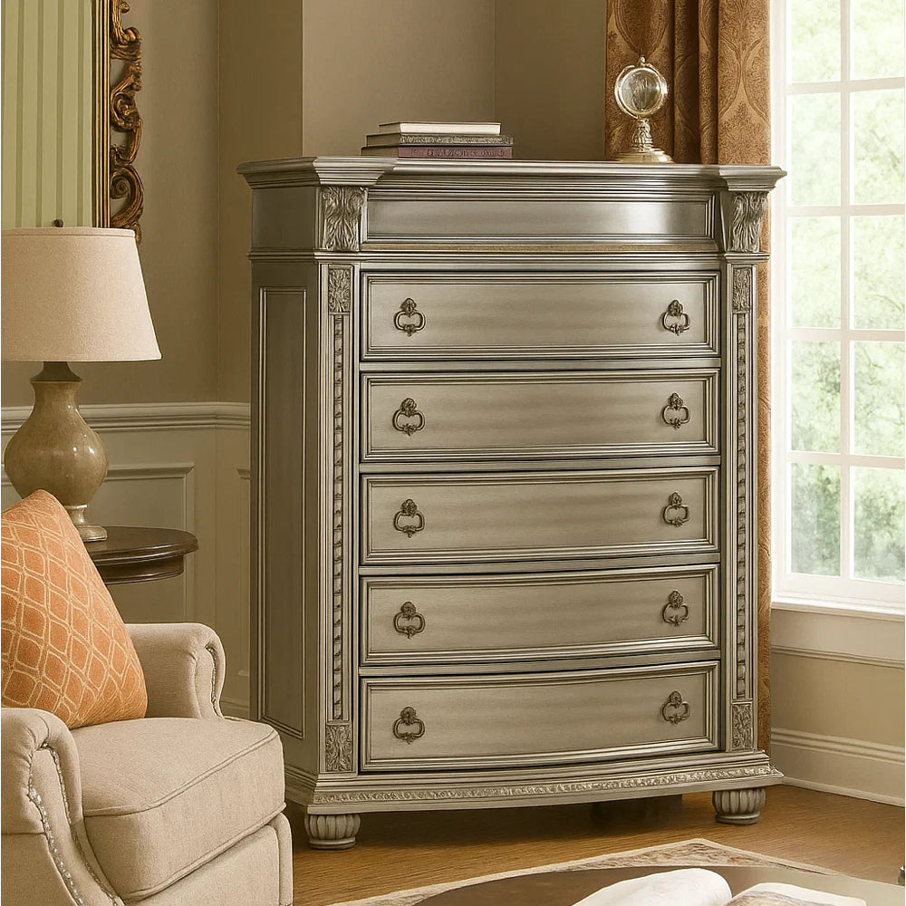 Caitlin 58 Inch Tall Dresser Chest, Marble Top, Leaf Carving, Silver Wood