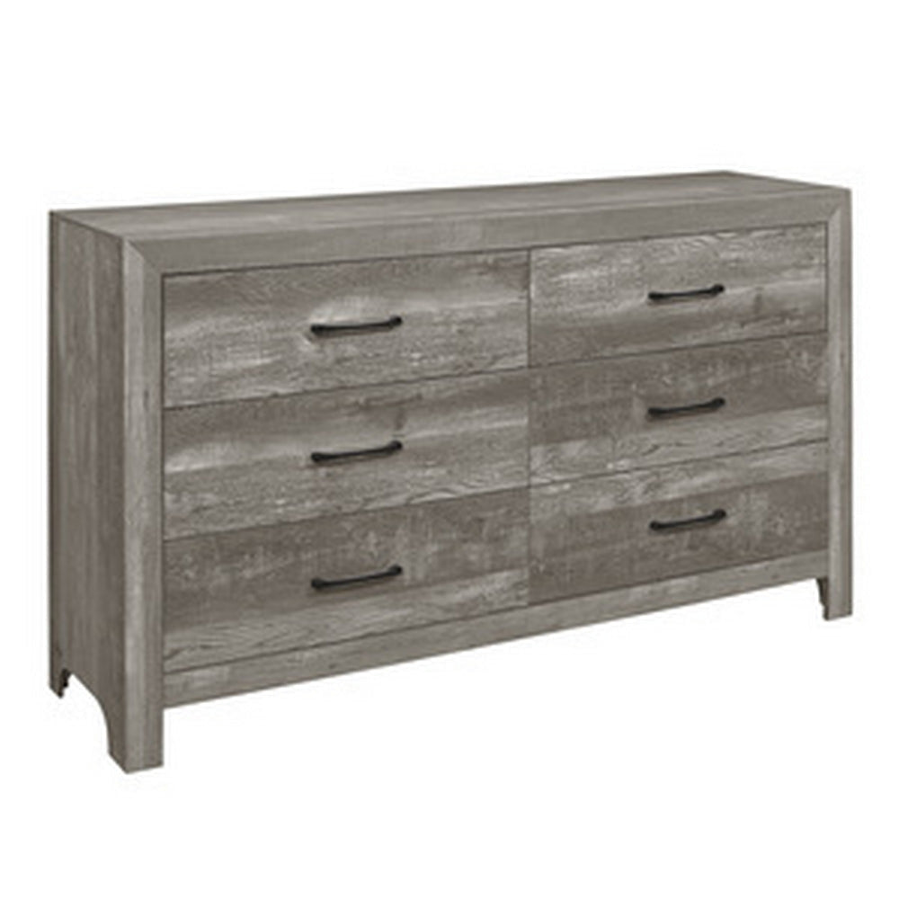 Adia 59 Inch Wide 6 Drawer Dresser, Metal Handles, Wood Grain, Rustic Gray By Casagear Home