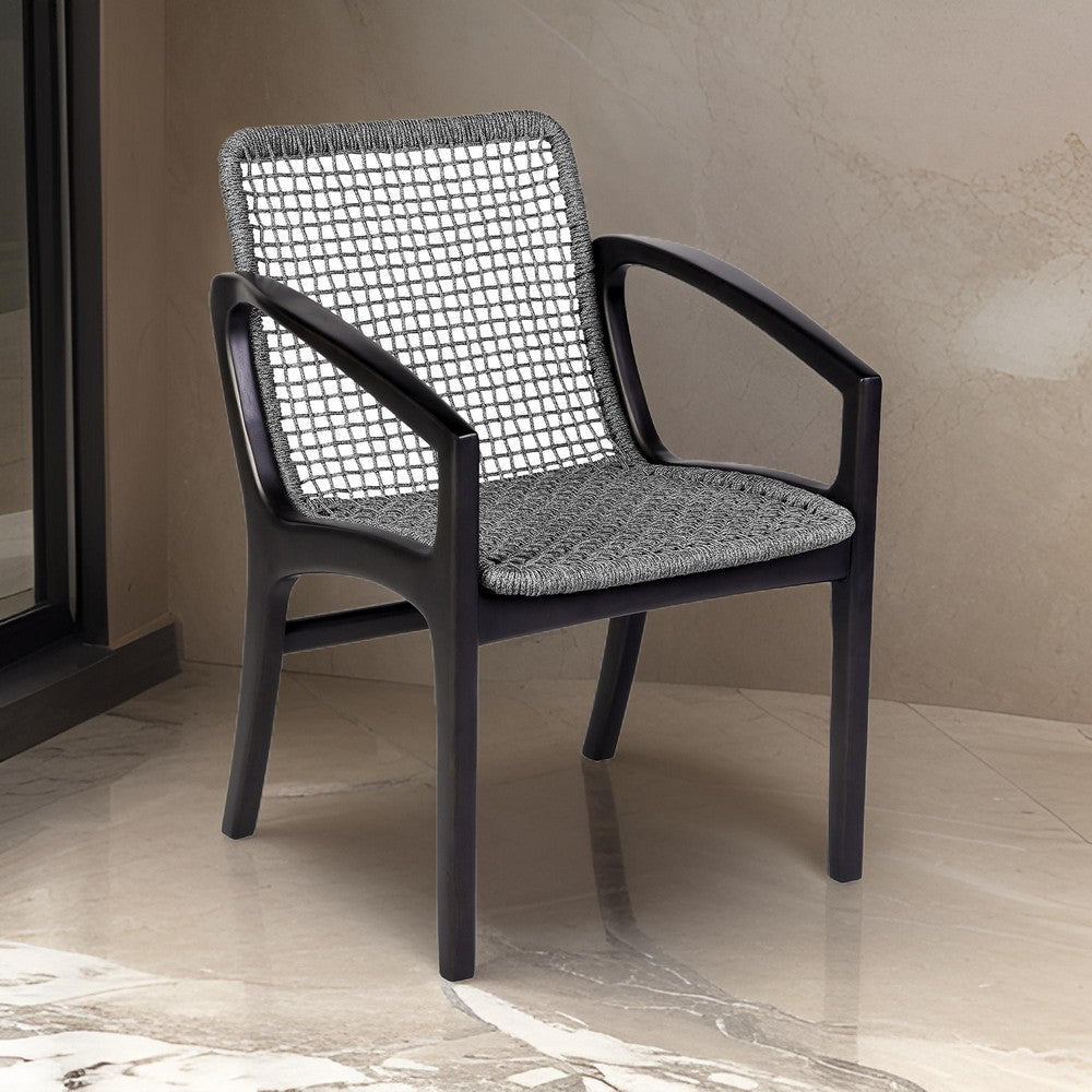 Tye 25 Inch Patio DIning Chair Dark Eucalyptus Wood Gray Rope Seating By Casagear Home BM295637