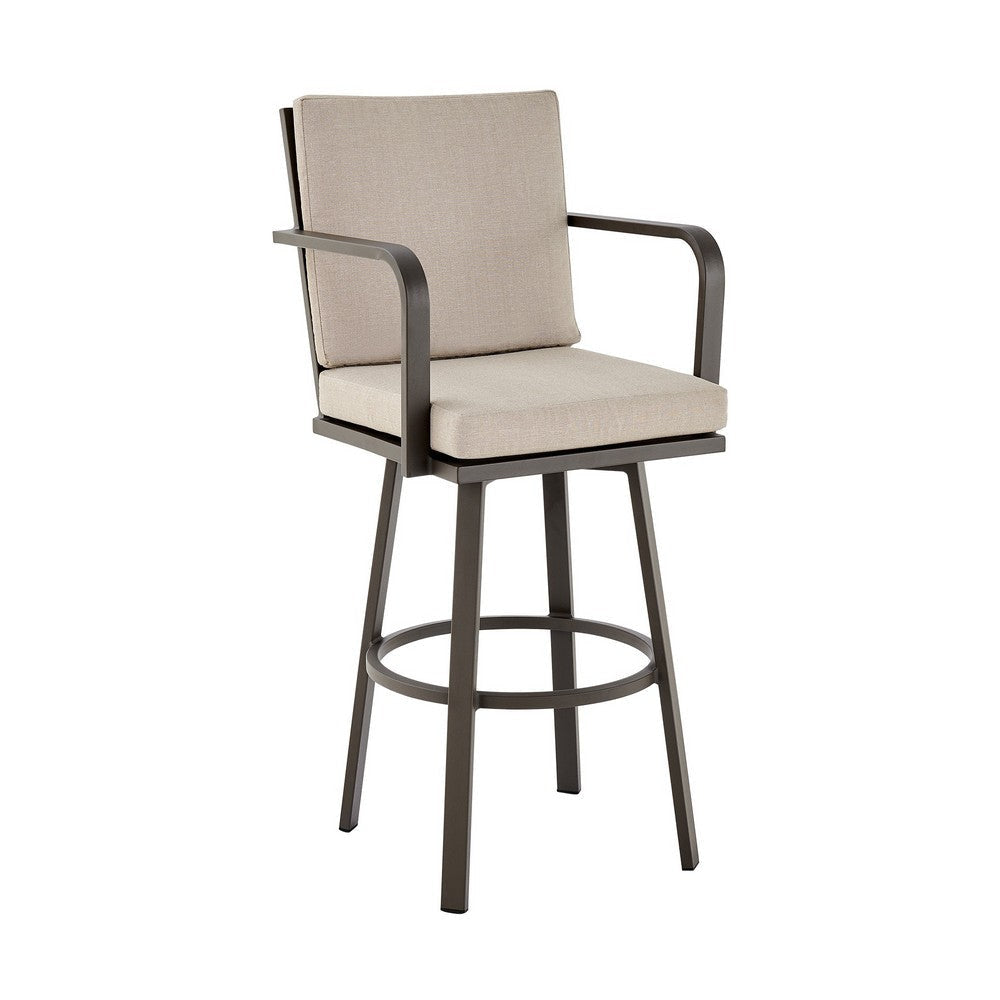 Faye 30 Inch Modern Patio Barstool, Brown Aluminum Frame, Beige Cushions By Casagear Home