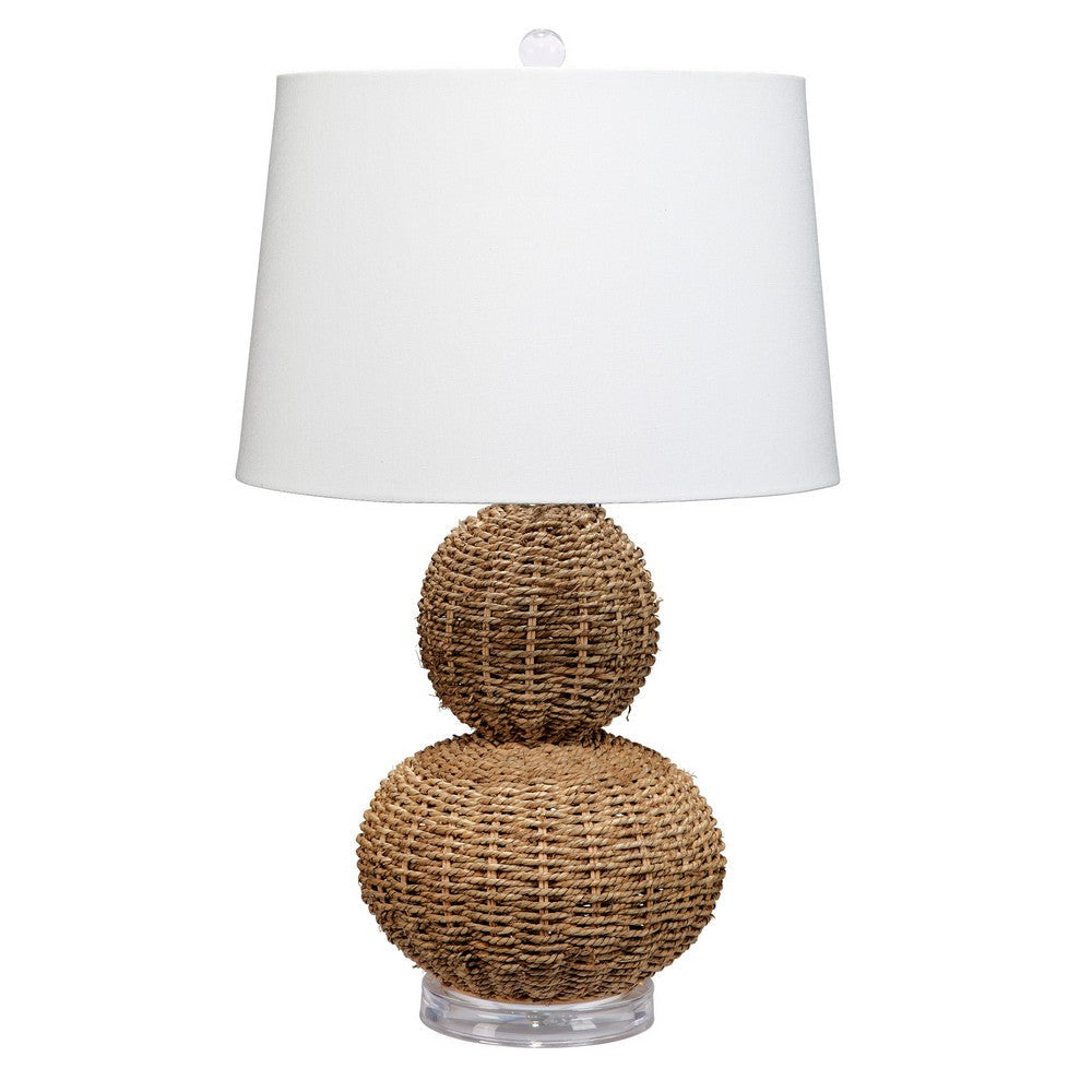 Table Lamp | 25" | Rattan Woven Base | Tapered Shade | Beige White