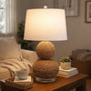 Table Lamp | 25" | Rattan Woven Base | Tapered Shade | Beige White