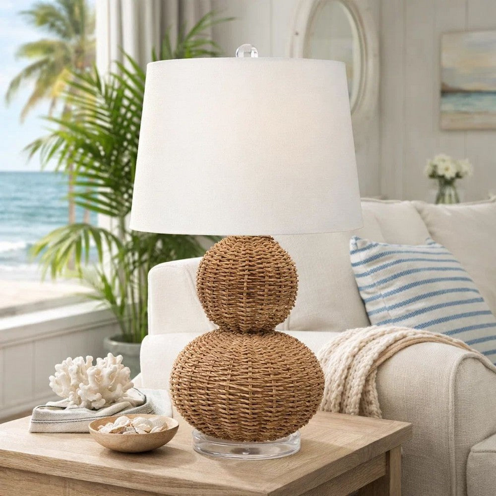 Table Lamp | 25" | Rattan Woven Base | Tapered Shade | Beige White
