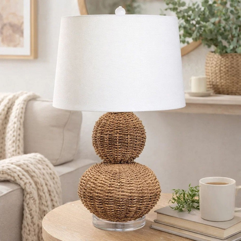 Table Lamp | 25" | Rattan Woven Base | Tapered Shade | Beige White