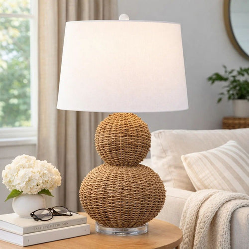 Table Lamp | 25" | Rattan Woven Base | Tapered Shade | Beige White