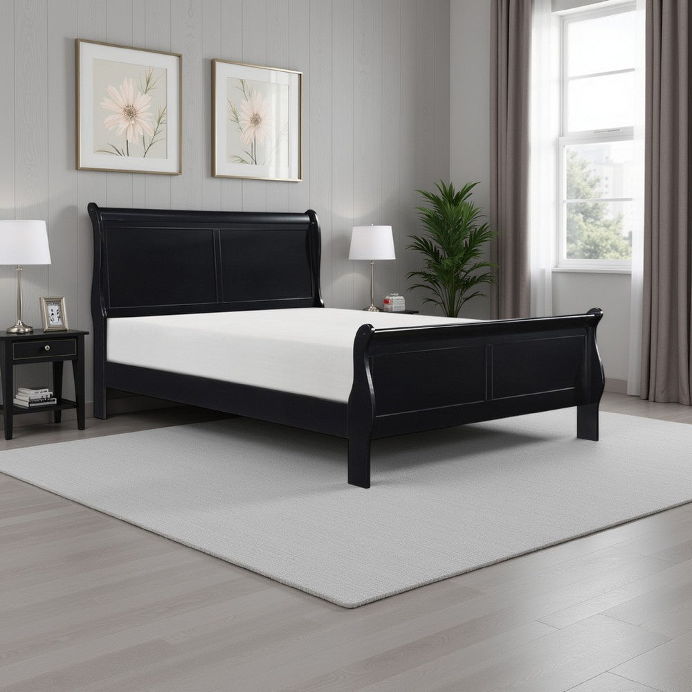 Gage Traditional Queen Size Sleigh Bed, Wood Frame, Bold Jet Black Finish By Casagear Home