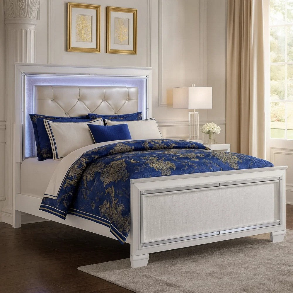 Noah Queen Bed | Crystal Tufted Headboard | LED Backlit | White