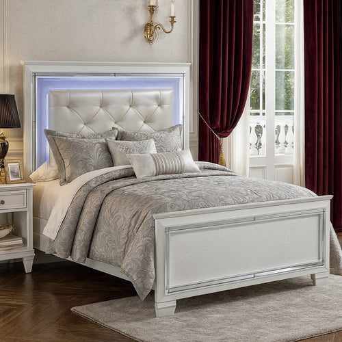 Noah Queen Bed | Crystal Tufted Headboard | LED Backlit | White