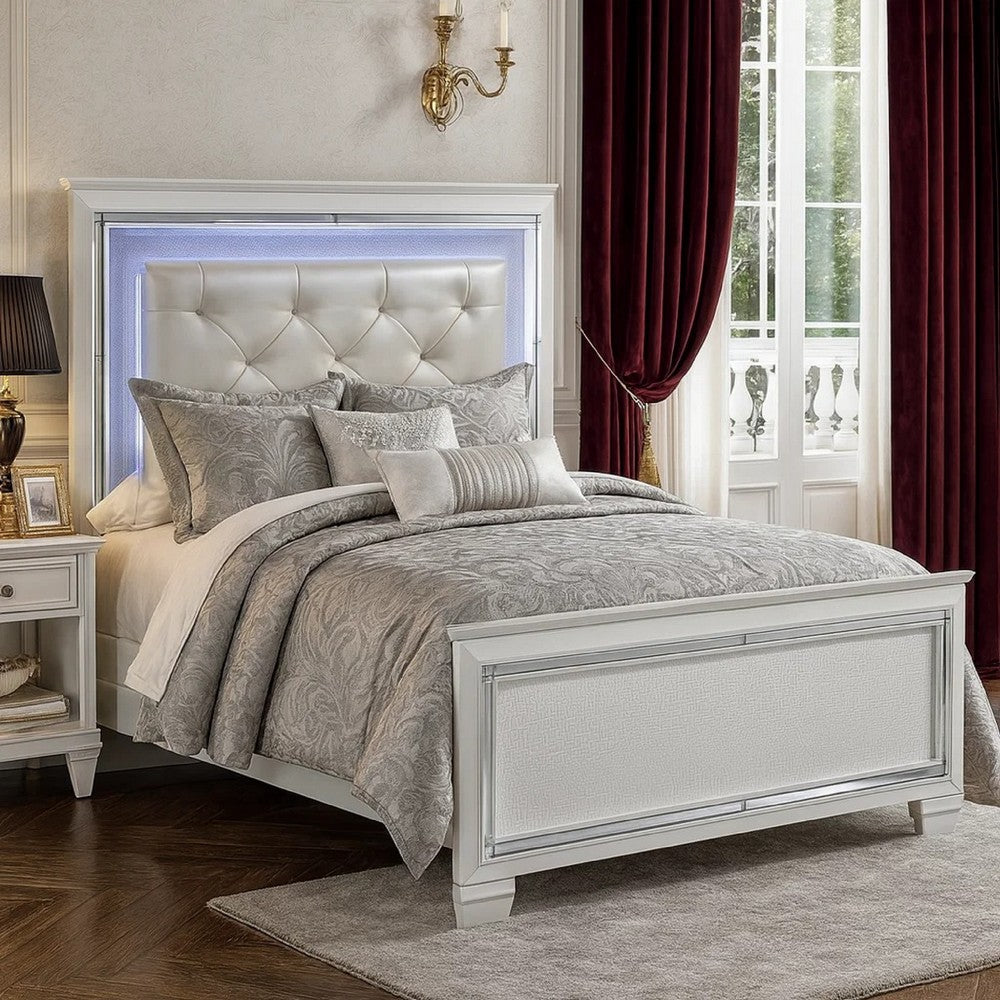 Noah Queen Bed | Crystal Tufted Headboard | LED Backlit | White