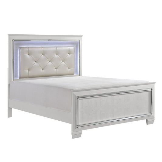 Noah California King Bed, LED Backlit Crystal Tufted Headboard, White By Casagear Home