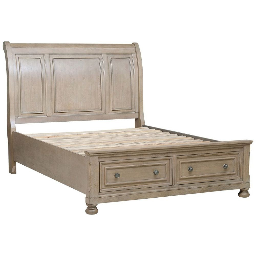 Sage Queen Sleigh Bed, 2 Drawer Footboard, Wire Brushed Smooth Gray Finish By Casagear Home