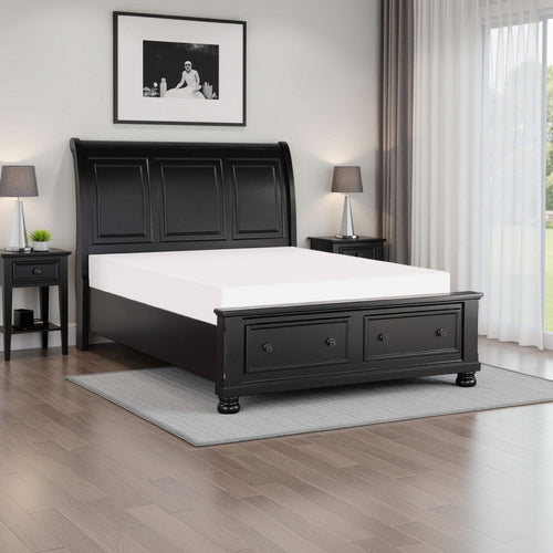 Bency Queen Sleigh Style Platform Bed, 2 Drawer Footboard, Bun Legs, Black