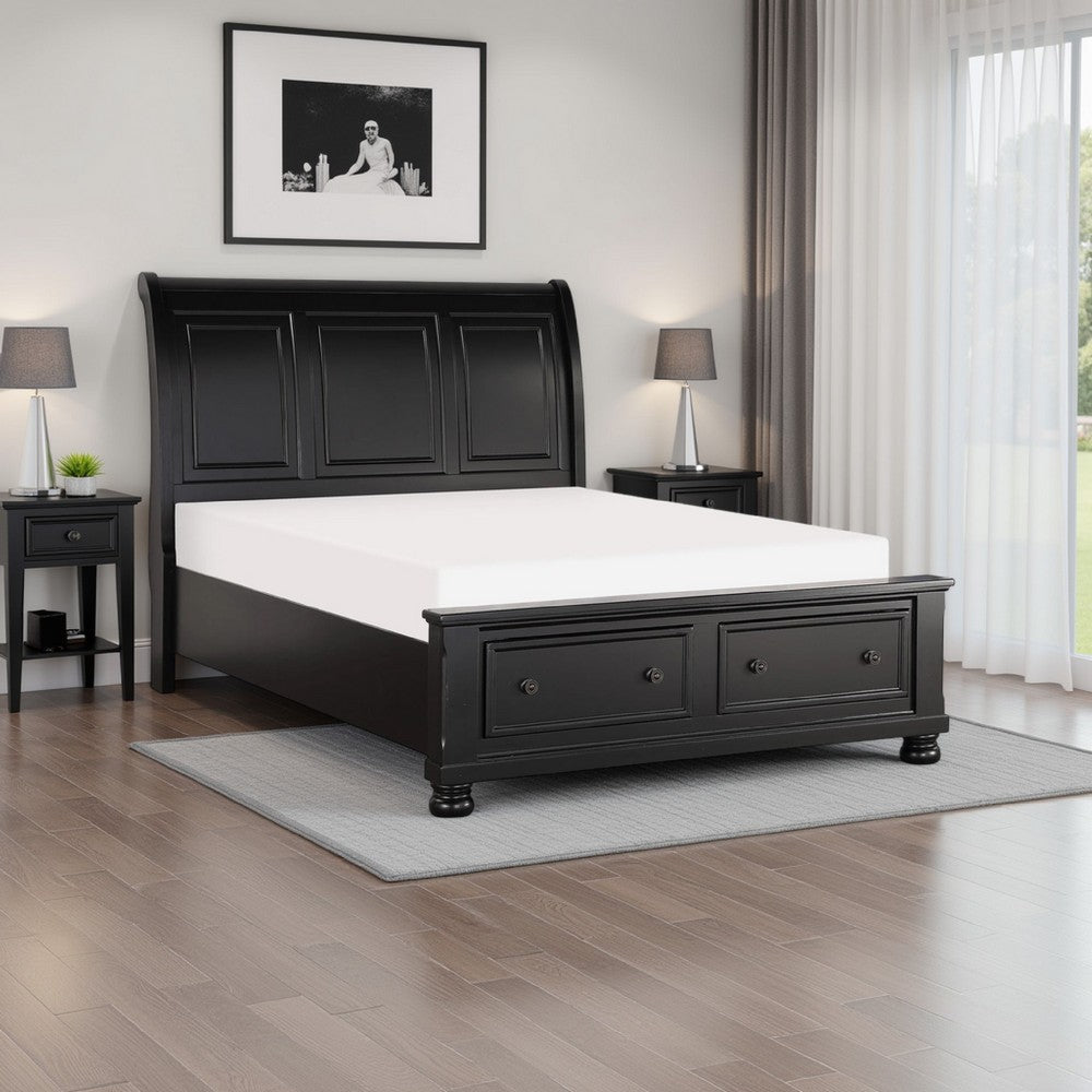 Bency Queen Sleigh Style Platform Bed, 2 Drawer Footboard, Bun Legs, Black