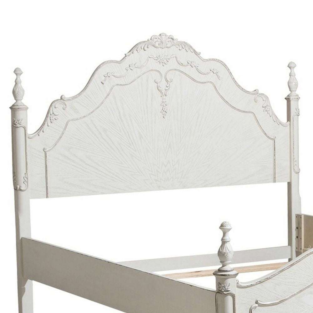 Princess Full Size Bed Floral Motif Carvings Finial Accents Antique White By Casagear Home BM295916