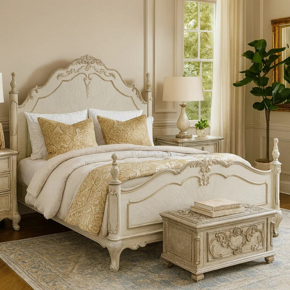Princess Full Bed | Finial Accents | Floral Carvings | Antique White