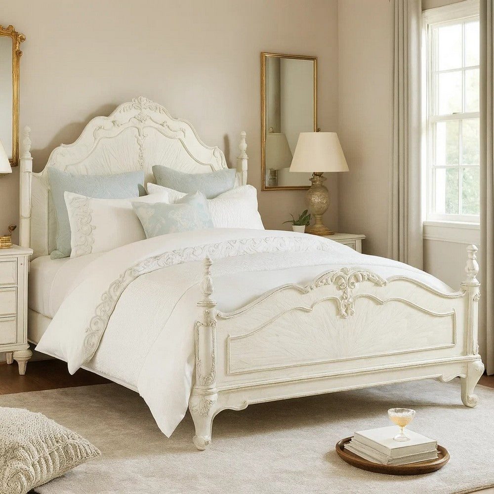 Princess Full Bed | Finial Accents | Floral Carvings | Antique White