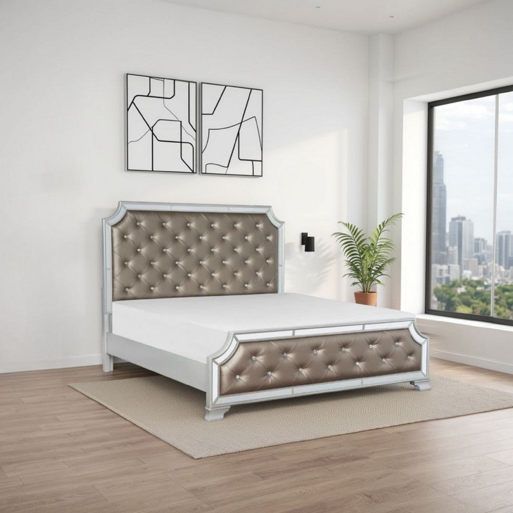 Badra Queen Bed | Crystal Tufting | Mirror Trim | Gray Faux Leather