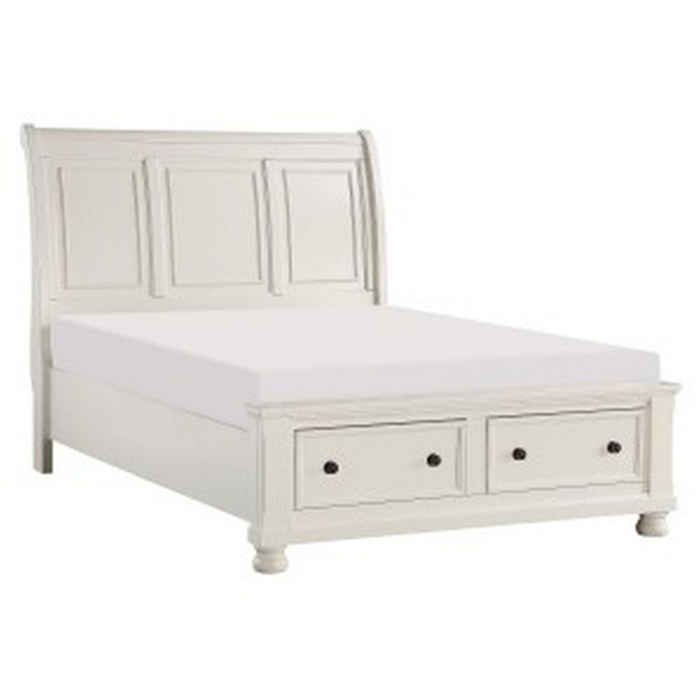 Bency Queen Sleigh Style Platform Bed, 2 Drawer Footboard, Bun Legs, White