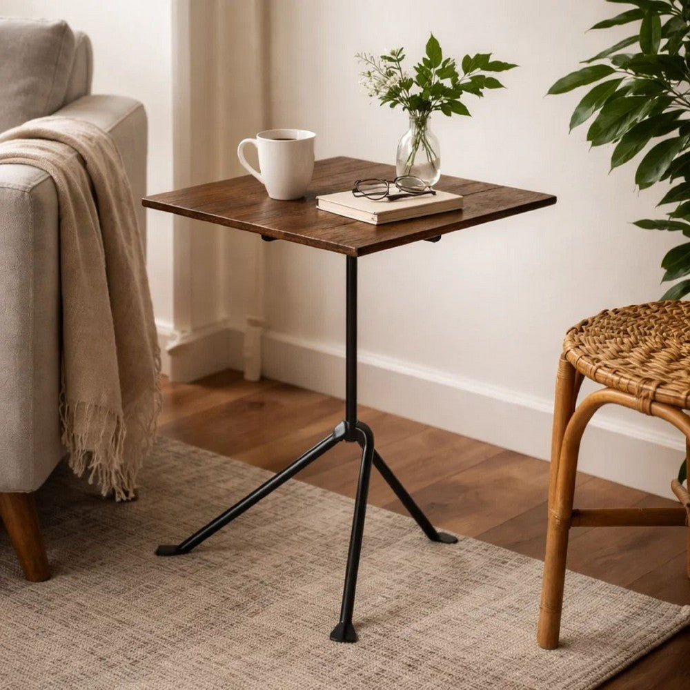 20 Inch Modern Square Accent Table, Gray Metal Tripod Base, Dark Brown Wood