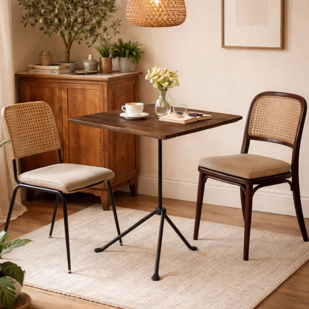 20 Inch Modern Square Accent Table, Gray Metal Tripod Base, Dark Brown Wood