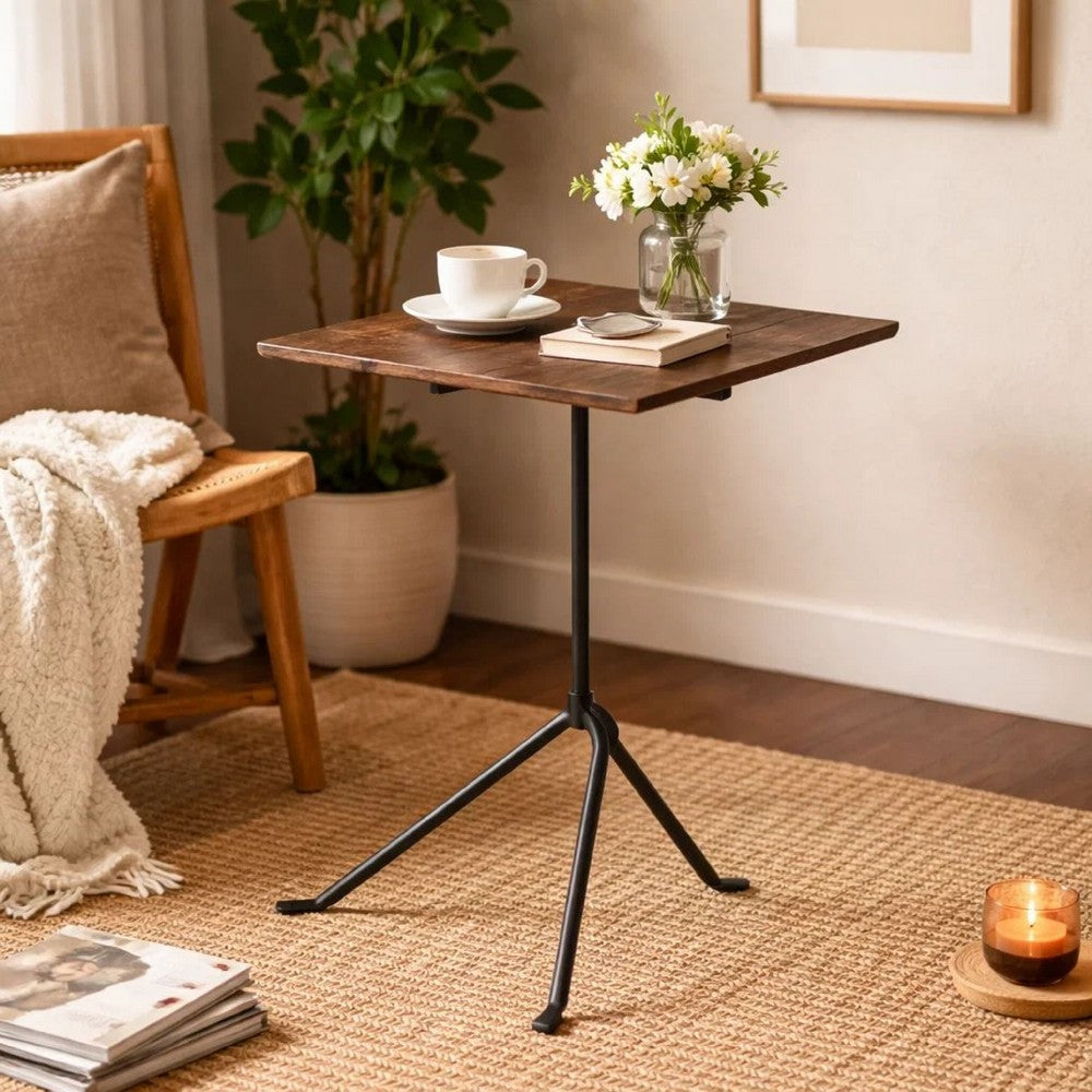 20 Inch Modern Square Accent Table, Gray Metal Tripod Base, Dark Brown Wood