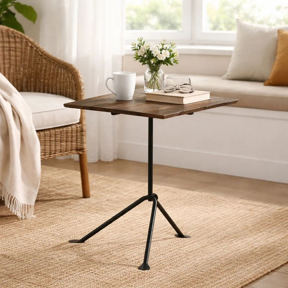 20 Inch Modern Square Accent Table, Gray Metal Tripod Base, Dark Brown Wood