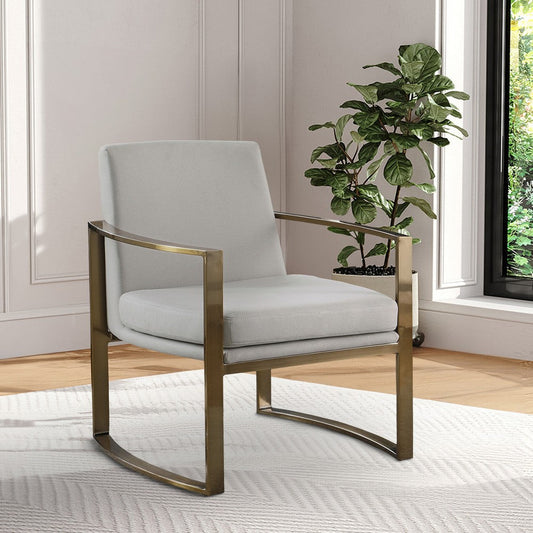 29 Inch Modern Accent Armchair, Bronze Arms and Base, Cream Faux Leather