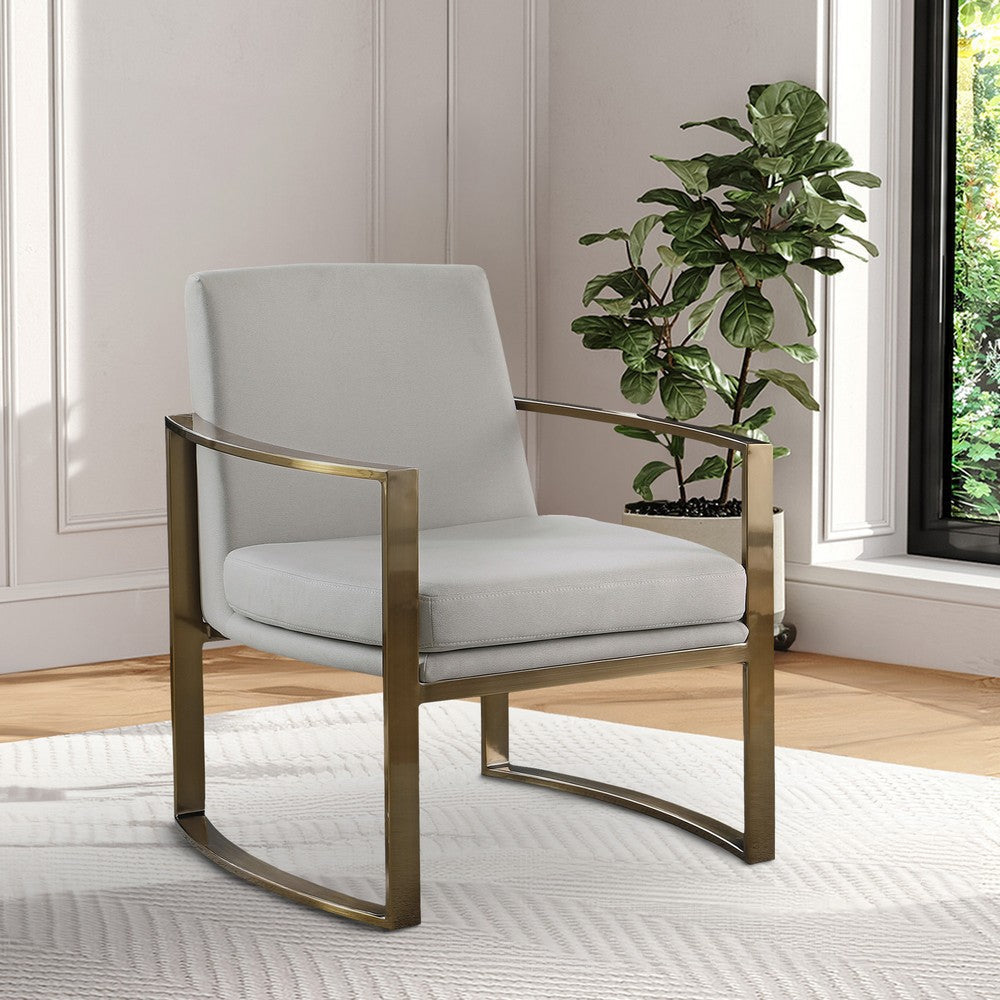 29 Inch Modern Accent Armchair, Bronze Arms and Base, Cream Faux Leather