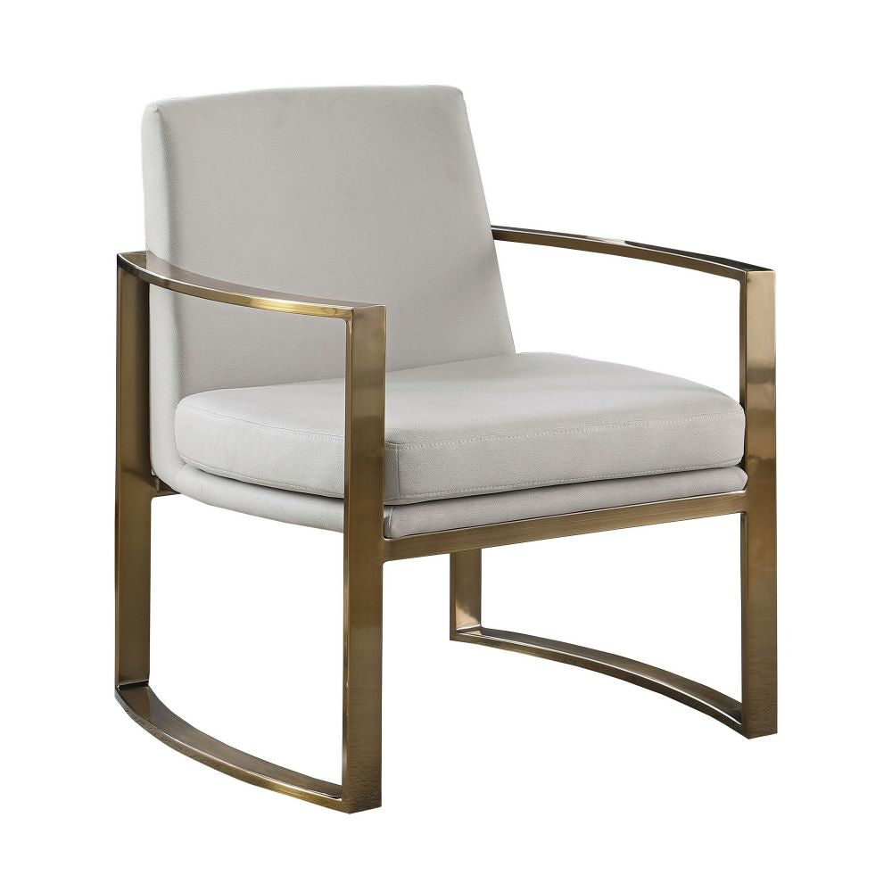 29 Inch Modern Accent Armchair, Bronze Arms and Base, Cream Faux Leather