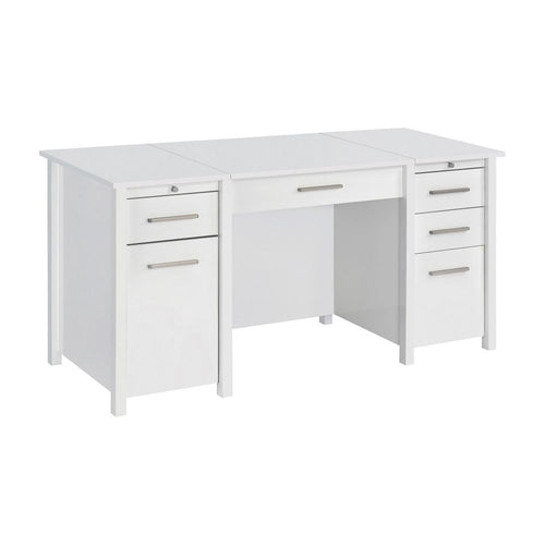 Wim 60 Inch Lift Top Office Desk, 4 Drawers, 2 Pull Out Trays, Glossy White