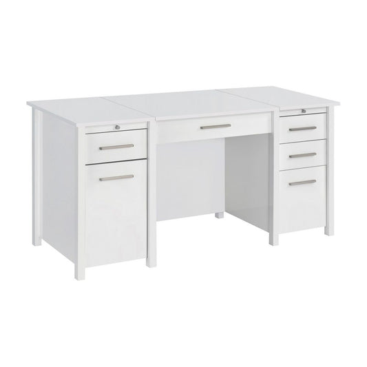 Wim 60 Inch Lift Top Office Desk, 4 Drawers, 2 Pull Out Trays, Glossy White
