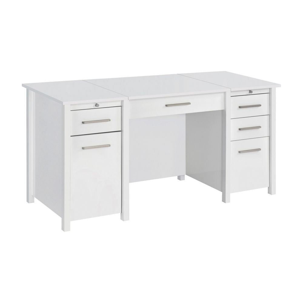 Wim 60 Inch Lift Top Office Desk, 4 Drawers, 2 Pull Out Trays, Glossy White