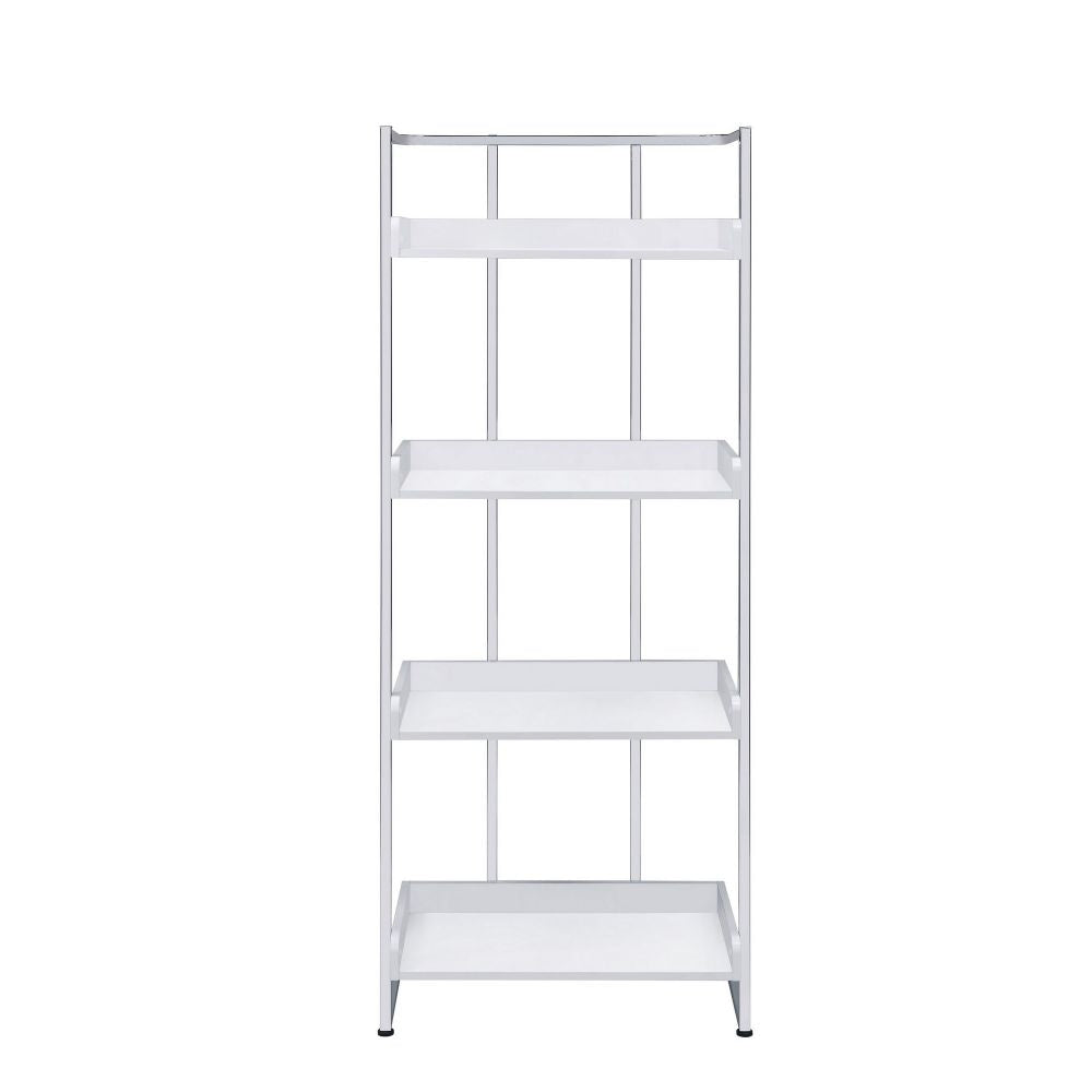 68 Inch Modern Bookcase 4 Glossy White Tray Shelves Chrome Steel Frame BM296083