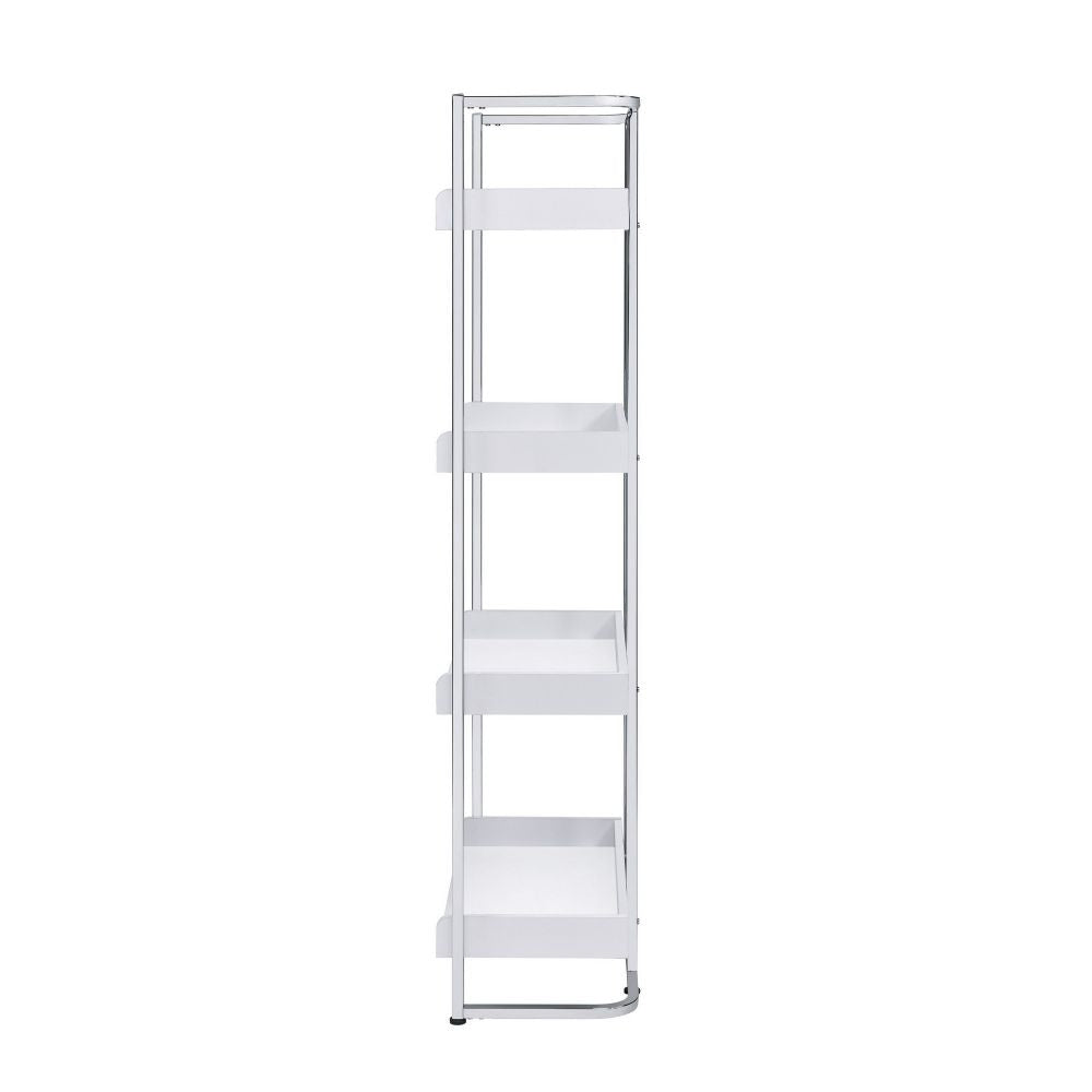 68 Inch Modern Bookcase 4 Glossy White Tray Shelves Chrome Steel Frame BM296083