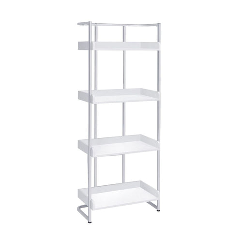 68 Inch Modern Bookcase, 4 Glossy White Tray Shelves, Chrome Steel Frame
