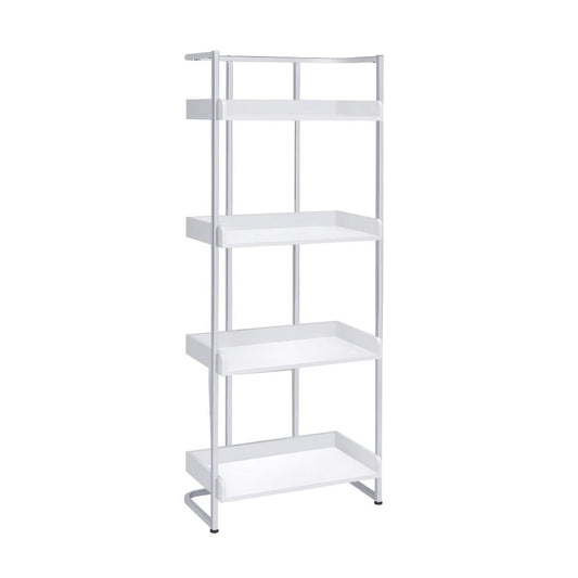 68 Inch Modern Bookcase, 4 Glossy White Tray Shelves, Chrome Steel Frame